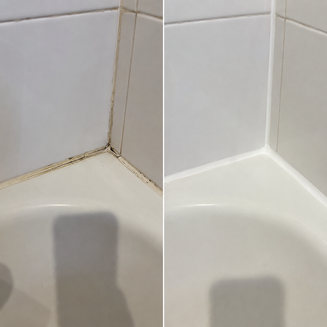Before and after bathroom caulk refresh in Bullhead City AZ by Handyman by JJR